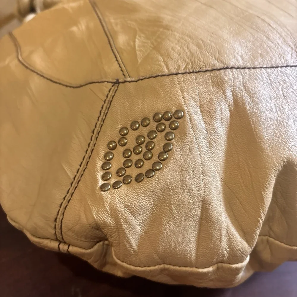 Betsey Johnson Vintage Leather Hobo Tote Bag Beige Studded Boho Shoulder Purse